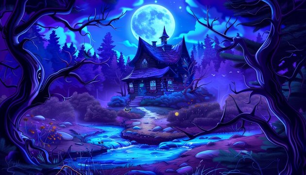 A spooky house with a full moon shining in the night sky, a winding path leads through the forest towards the house.