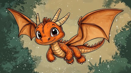 Naklejka premium Cute Cartoon Dragon Flying in a Fantasy Forest Setting