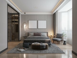 modern contemporary masculine bedroom with two mockup poster framed on the wall. 3d rendering