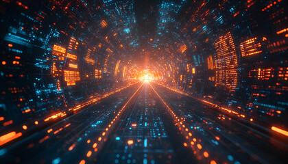 Fototapeta premium Digital tunnel, data stream, future tech, speed, glowing