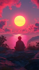 Obraz premium A contemplative young man enjoys a vibrant sunset by the sea.
