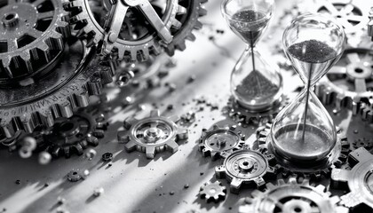 Obraz premium Hourglass and gears, the concept of time, teamwork, and deadline.