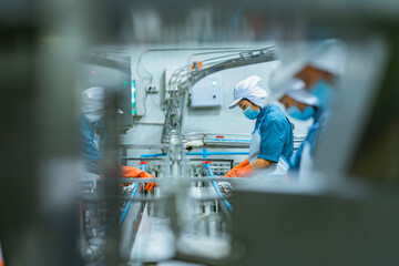 Fish processing line in a clean food manufacturing environment Workers ensure quality control and...