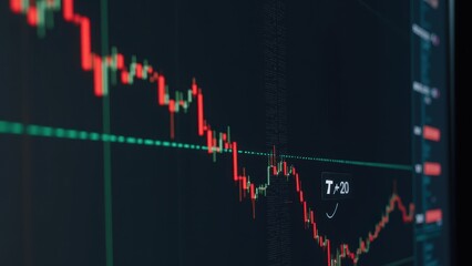 Obraz premium Forex trading chart displaying a descending trend with a supportive green baseline, intersected by an ascending red midline, symbolizing dynamic market movements