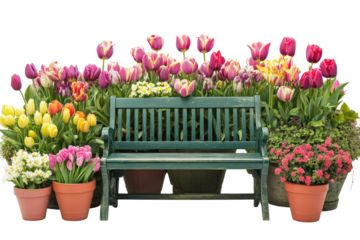 Bright tulip garden with a green bench surrounded by vibrant flower pots in springtime isolated on transparent background