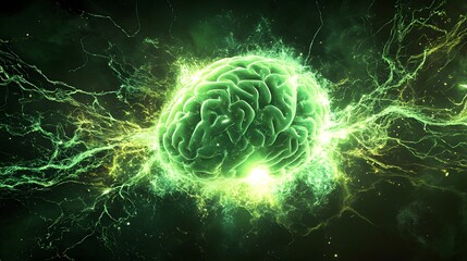 Obraz premium Glowing Green Brain Energy Neural Network