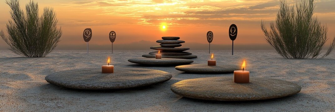 Sunset serenity candles and stones, desert peace. Meditation, yoga, spa