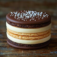 Layered gourmet cookies high-end food rustic setting macro view luxurious dessert concept