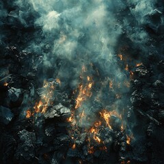 Obraz premium Dramatic smoky flames erupting from charred earth nature's fury high-resolution textures dark environment close-up view