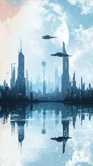 Obraz premium Futuristic Cityscape Reflected in Calm Waters Under a Pale Sky