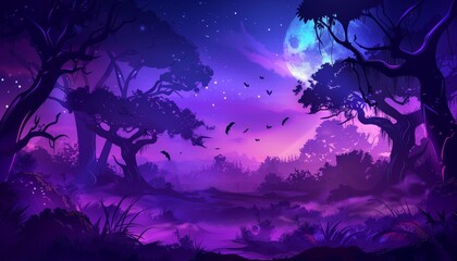 Fototapeta premium A surreal, nighttime forest scene with a large blue moon and purple lighting. Silhouettes of trees and foliage in the foreground.
