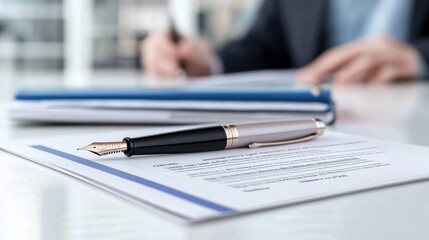 Minimalist Office Desk with Fountain Pen and Documents in Focus