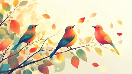 Three colorful birds perched on autumn branch.