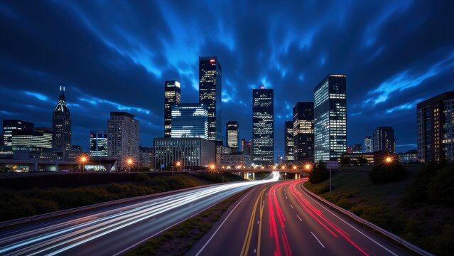 A captivating nighttime panorama of a vibrant city skyline under a deep blue sky, dotted with delicate cirrus clouds. Majestic skyscrapers of varying heights stand illuminated against the twilight.  