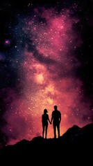 Fototapeta premium Silhouetted couple holding hands against a vibrant cosmic background.