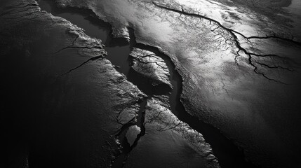 Aerial view of cracked earth, showcasing dry and arid landscape textures.