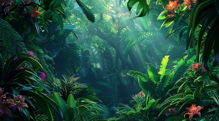 Sunbeams penetrate through the dense foliage of a lush tropical rainforest.