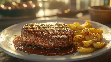 Sizzling grilled steak with bbq sauce gourmet restaurant culinary art indoor setting close-up high-end dining experience