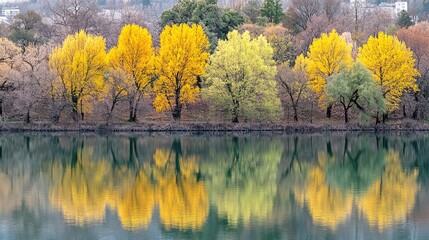 Obraz premium Autumnal trees reflected in calm lake water, cityscape background; nature calendar
