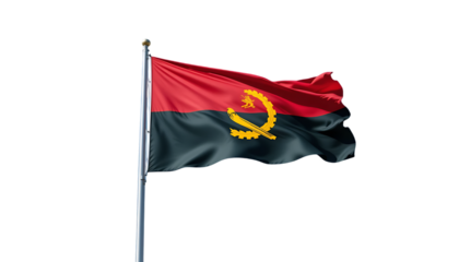 The flag of Angola waving in the wind, displaying the coat of arms, a symbol of national pride.