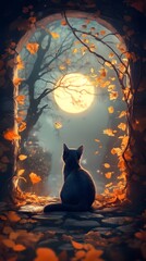 A serene black cat gazing at the full moon through a foliage-framed archway.