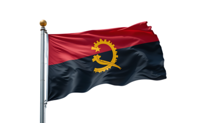 The flag of Angola waving in the wind, displaying the coat of arms, a symbol of national pride.