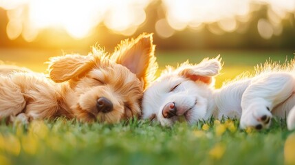 Adorable Puppies Resting Together on a Sunny Day in a Green Meadow During National Puppy Day