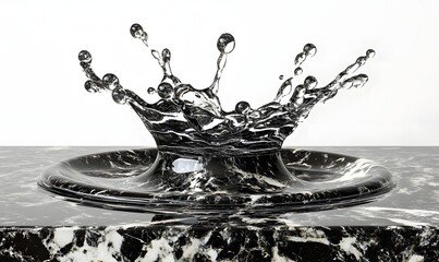 Water droplet crown splash on black marble.