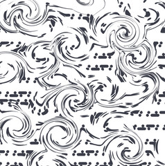 Small dots and spots are distorted by large swirls or spirals.