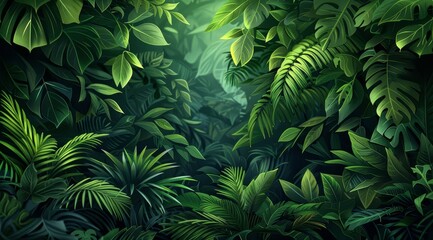 A lush, green jungle scene with vibrant foliage and sunlight filtering through the canopy.
