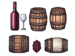 Pixel Art Wine Barrels and Bottle