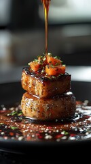 Exquisite stacked food presentation gourmet restaurant culinary art modern ambiance close-up high-end dining experience