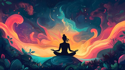Serene Woman Meditates Amidst Vibrant Cosmic Flames