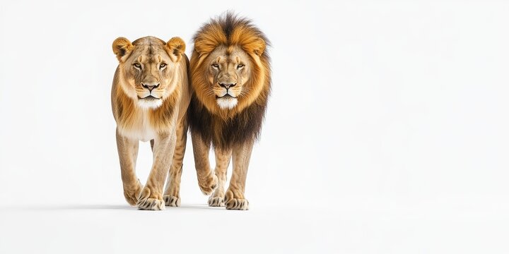 Two lions walking on a white background