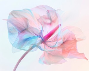 A delicate, translucent flower with pastel hues of pink and blue, showcasing its ethereal beauty against a soft background.