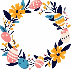 watercolor wreath made of colorful Easter eggs and blooming flowers, symbolizing festive springtime joy and artistic elegance.