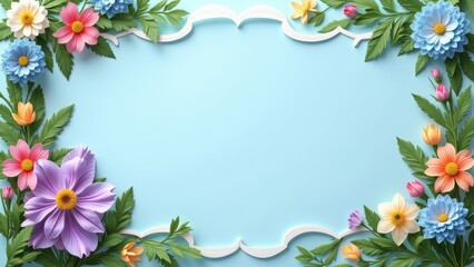 Obraz premium Eye-level glimpse of a serene light blue expanse, framed by an intricate floral border with diverse blooms and lush greenery, topped with delicate white scallops