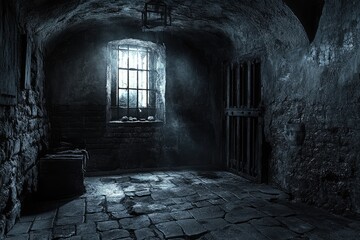 Obraz premium Dark dungeon cell, stone walls, barred window, light beam. Horror game background
