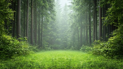 Obraz premium Misty Forest Pathway Surrounded by Tall Green Trees