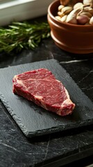 Fototapeta premium Sizzling steak preparation gourmet kitchen food elegant setting close-up culinary artistry