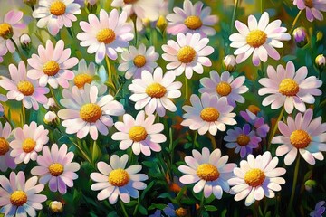 Fototapeta premium Daisies in Lush Green Field close-up with Spring Flowers and Soft Light