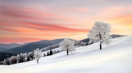 Fototapeta premium Winter landscape with snow-covered mountains at dusk