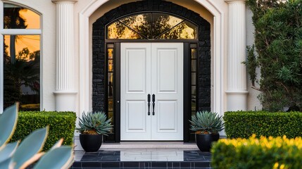 A white door with bold black stone trim, glossy black double doors with arched glass, and cream-colored columns