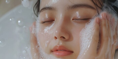 A woman is washing her face in a bathtub