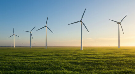 Green Energy Wind Turbines in a Lush Field at Sunrise