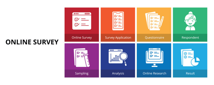 Online Survey Glyph Solid Banner Web Icon Set Vector Illustration, Online Survey Survey Application Questionnaire Respondent Sampling Analysis Online Research Result
