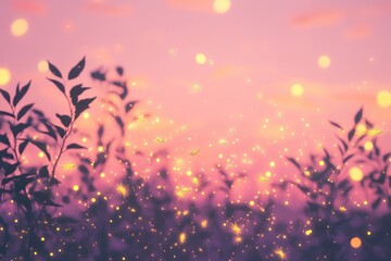 Fototapeta premium Golden Sparkles Dance Among Silhouetted Leaves at Sunset