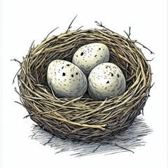 Obraz premium a hand-drawn bird's nest made of straw, holding three cream-colored eggs, symbolizing simplicity, nature, and rustic charm.