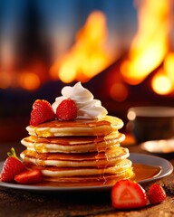 Delicious Stack of Pancakes with Strawberries and Whipped Cream in Warm Setting