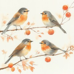 Fototapeta premium Watercolor Birds Perched on Branches Soft Pastels Vibrant Oranges Abstract Collection for Design